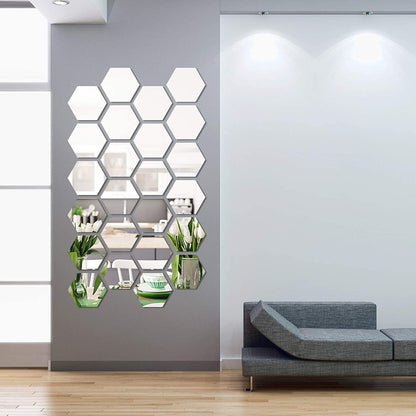 Mirror Wall Sticker's Hexagon 14 Silver (12cm x 10cm Each Piece)