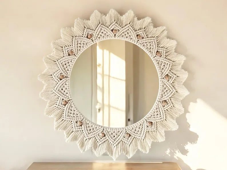 Round Fancy Wall Mirror with Macrame Frame